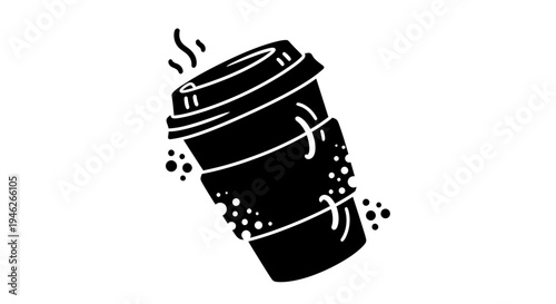 Stylized Black and White Illustration of a Steaming Takeaway Coffee Cup.