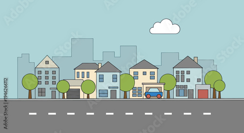 Suburban Street Scene with Houses and a Car.