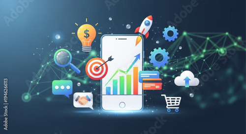 Mobile phone displaying financial growth chart with business icons.