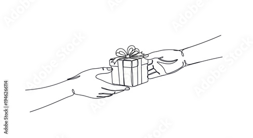 Two hands exchanging a gift box with a bow, line art illustration.