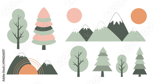 Stylized Nature Elements with Trees Mountains and Sun.