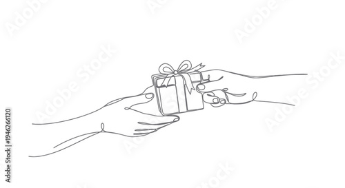 Two hands exchanging a small, wrapped gift box with a ribbon, symbolizing generosity and connection.