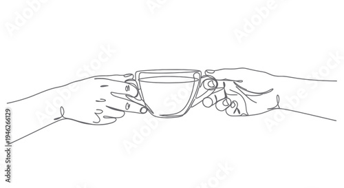 Two hands holding a cup of coffee in a continuous line drawing style.