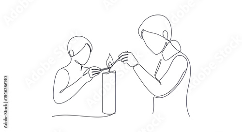 Two people lighting a candle in a continuous line art style.