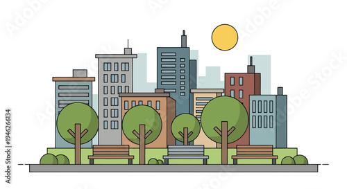 Urban Cityscape with Park and Buildings Illustration.