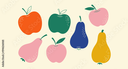 Vibrant and Playful Collection of Hand-Drawn Apples and Pears.