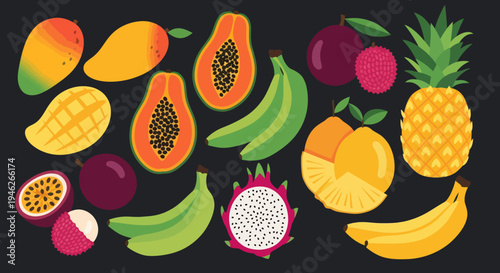 Vibrant Assortment of Fresh Tropical Fruits Collection.