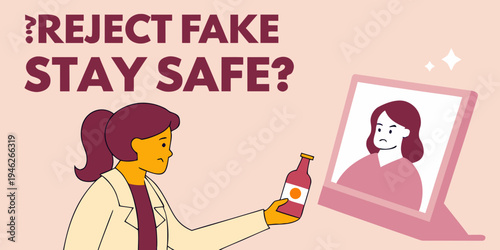 A woman rejects a fake bottle image on a screen, expressing concern. Bold colors and digital overlay create a modern, impactful visual. ?Reject Fake Stay Safe? text. See Less