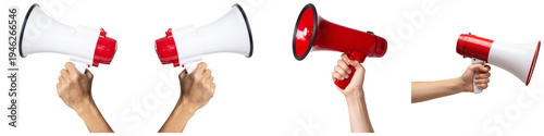 A collection of four different hands holding megaphones, conveying communication and announcement.