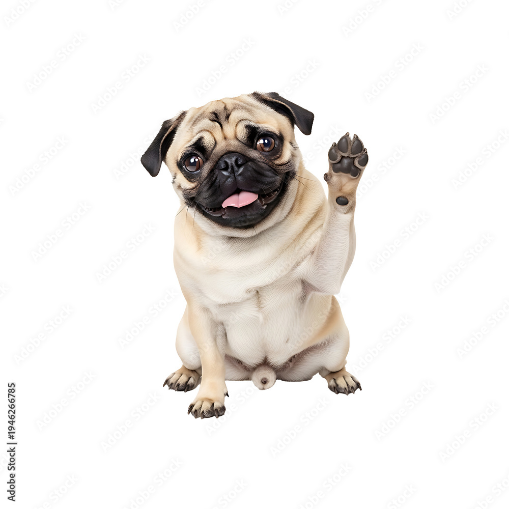 Fototapeta premium Cute pug dog waving paw sitting on white background