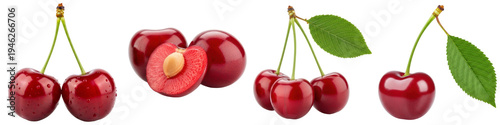 Fresh ripe red cherries with green stems and leaves, some with water drops, a half cherry showing the pit.