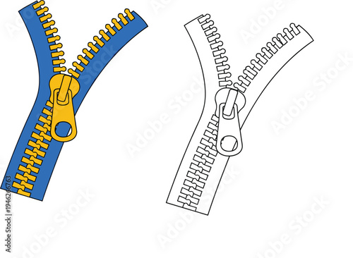 Clothing zipper illustration set with open zipper design including colorful and outline styles isolated on light background, fashion garment fastener vector for sewing