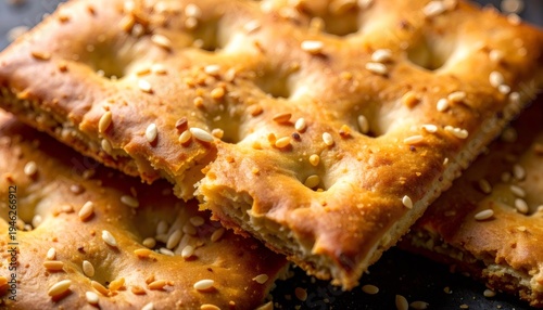 Stacked savory crackers with sesame seeds on top