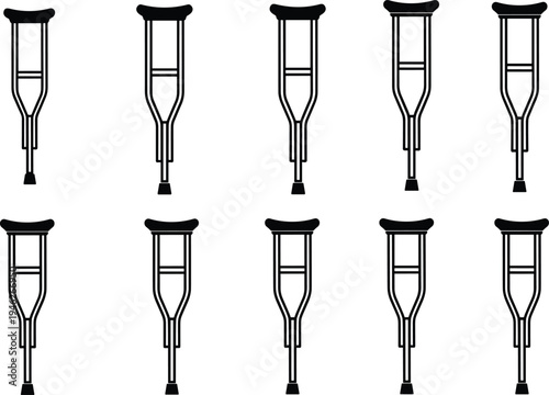 Crutches icon set with medical walking aids for injured leg support, orthopedic rehabilitation equipment silhouettes isolated on light background, healthcare mobility assistance vector collection