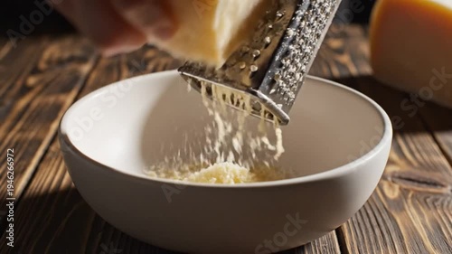 Wallpaper Mural Grated parmesan cheese falling into a white bowl on a wooden surface for culinary food preparation Torontodigital.ca