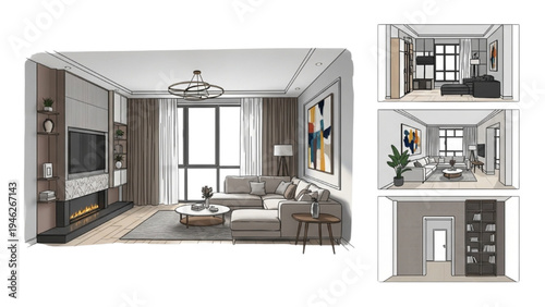 Modern Living Room 2D CAD Layout with Sofa Arrangement and Wall Elevation Sketches