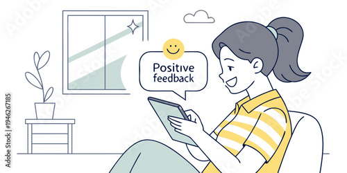 A smiling young woman reads positive feedback on a tablet, conveying satisfaction and growth. Modern illustration style.

