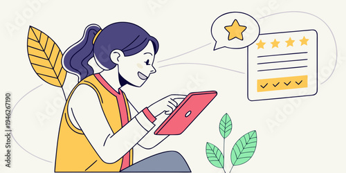 A smiling young woman reads positive feedback on a tablet, conveying satisfaction and growth. Modern illustration style.
