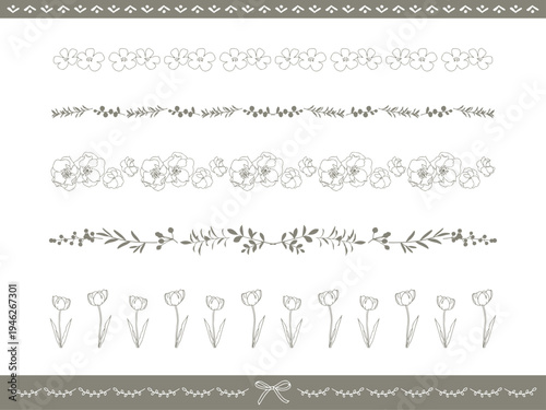 手描きの花や葉っぱのボタニカルなラインのイラスト素材セット