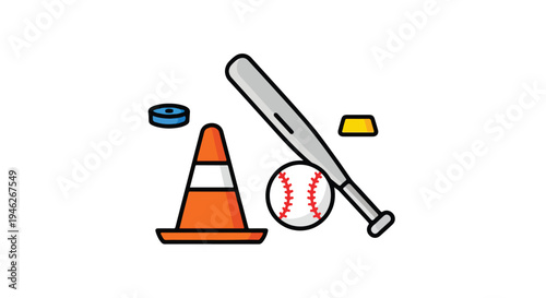 Flat illustration of a baseball bat, ball, and traffic cone with scattered sports equipment on a white background.