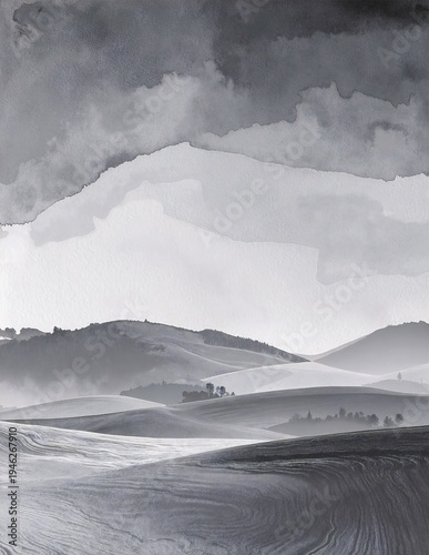 a black and white painting of rugged mountains with sharp peaks, misty valleys, and dramatic light and shadow contrasts