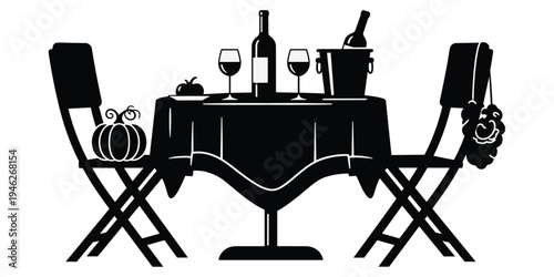 Romantic dining silhouette illustration with table, chairs, wine, food, grapes, elegant dinner setup, flat vector design