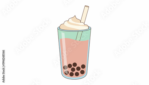 Bubble Tea Drink with Cream and Boba Pearls Vector