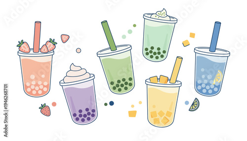 Cute Bubble Tea Drinks Assortment Flat Illustration