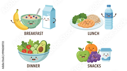 Cute Cartoon Food Characters Representing Meals and Snacks