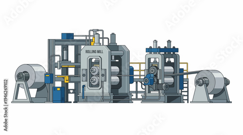 Illustration of a modern industrial rolling mill processing metal coils.