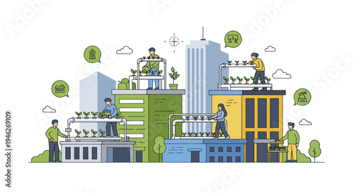 Urban farming on city rooftops and buildings with people tending plants.