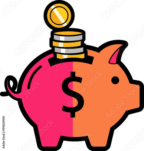 Piggy bank with coins being deposited for savings