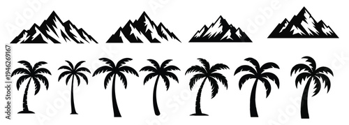 Mountain Range and Palm Tree Silhouette Vector Set, Nature Landscape Elements for Travel and Adventure Logos.
