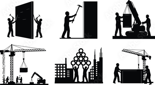 Construction site silhouette icons set featuring builders with hammers tower cranes machinery and workers developing urban infrastructure projects for industrial engineering and building industry 