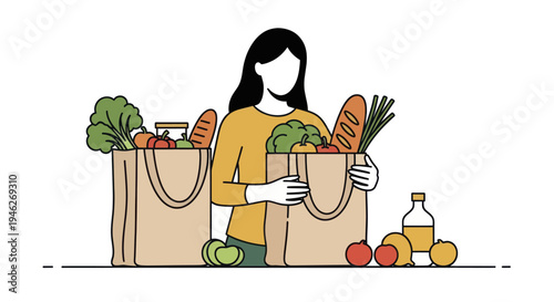 Woman holding grocery bags filled with fresh produce and bread.