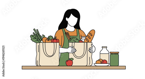 Woman holding reusable shopping bags filled with fresh groceries.