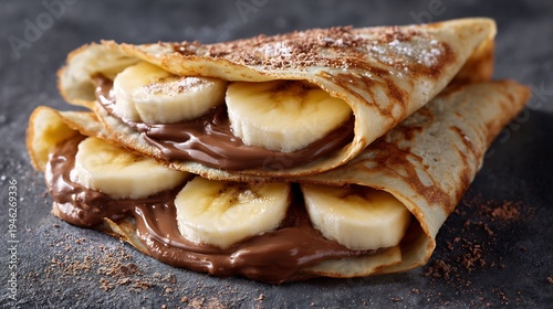 Close-up of crepes with banana and chocolate, sprinkled with cocoa powder