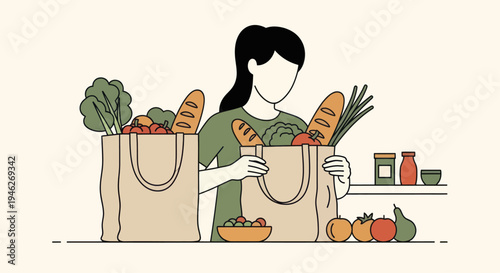 Woman unpacking groceries from reusable shopping bags filled with fresh produce and bread.