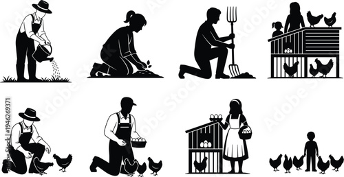 Farm life silhouette collection showing farmers planting seeds, watering plants, feeding chickens, collecting eggs, and caring for poultry coop in sustainable rural agriculture concept illustration.