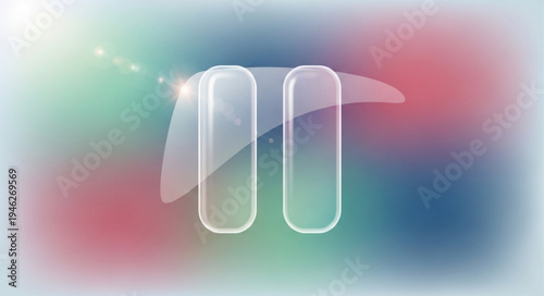 Two translucent white pause buttons on a blurred colorful background.