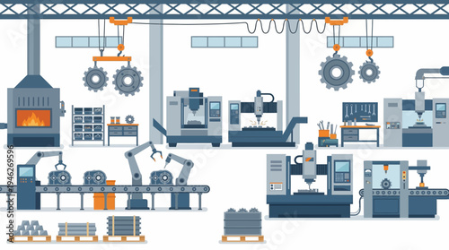 A comprehensive illustration of a modern manufacturing facility showcasing advanced machinery and automated processes.