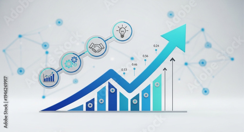 Business growth chart with upward arrow and icons.