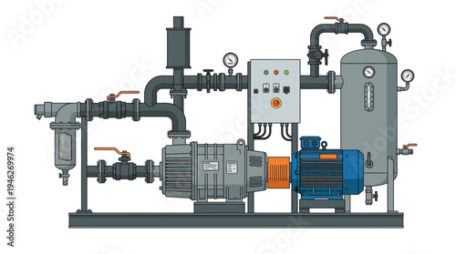 Illustration of an industrial vacuum pump system with a blower, motor, tank, and control panel.