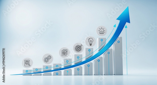 Financial growth chart with upward trend arrow and icons.