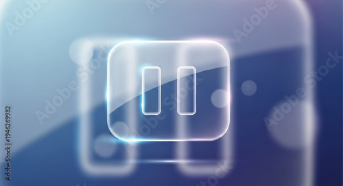 Transparent glass pause button icon on a blurred blue background.