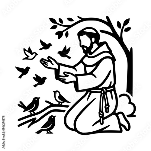 Saint francis of assisi feeding birds in a serene outdoor setting