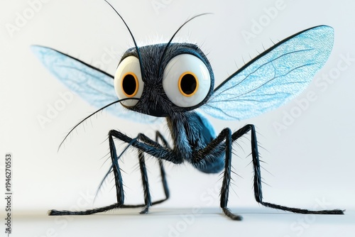 A 3D cartoon mosquito character, isolate on white background, designed with whimsical features and charm.