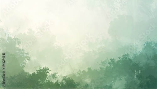 a moody landscape painting of tall, shadowy trees fading into soft gray fog, their silhouettes blurred by mist and diffused morning light