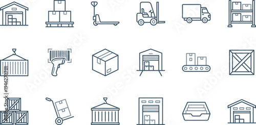 Minimalist blue line art icons illustrating essential elements of logistics, warehousing, and global shipping operations.