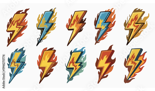 Doodle burning thunderbolts blazing lightning cartoon vector set